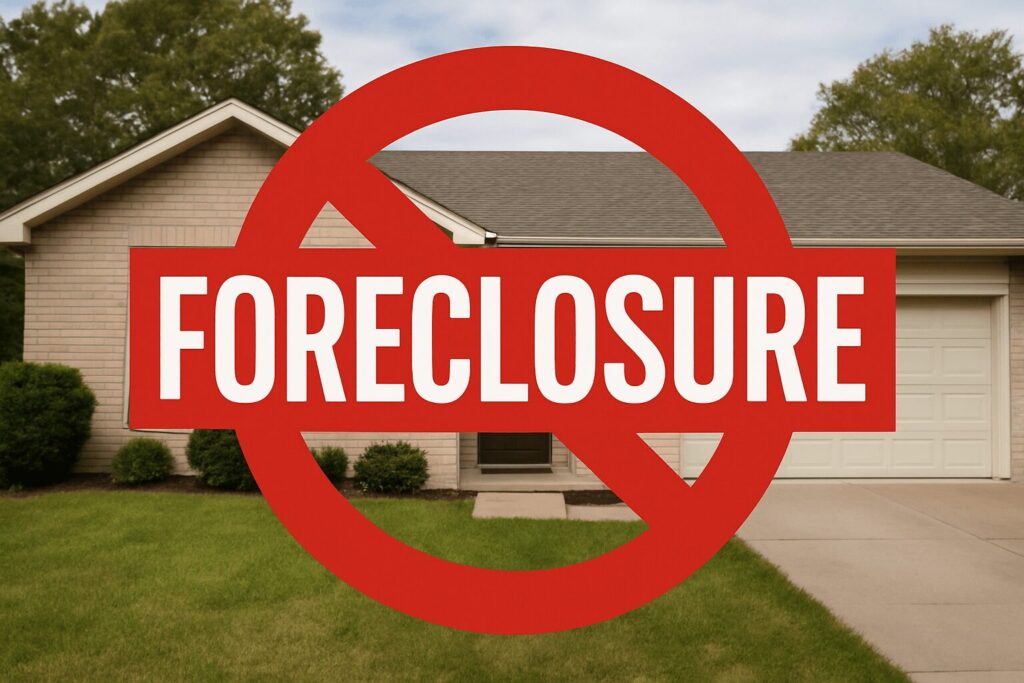 A ranch style house with a digital "stop foreclosure" in front of it.