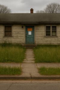House With Foreclosure Notices A rundown ranch style home. There's foreclosure notices and an overgrown lawn.